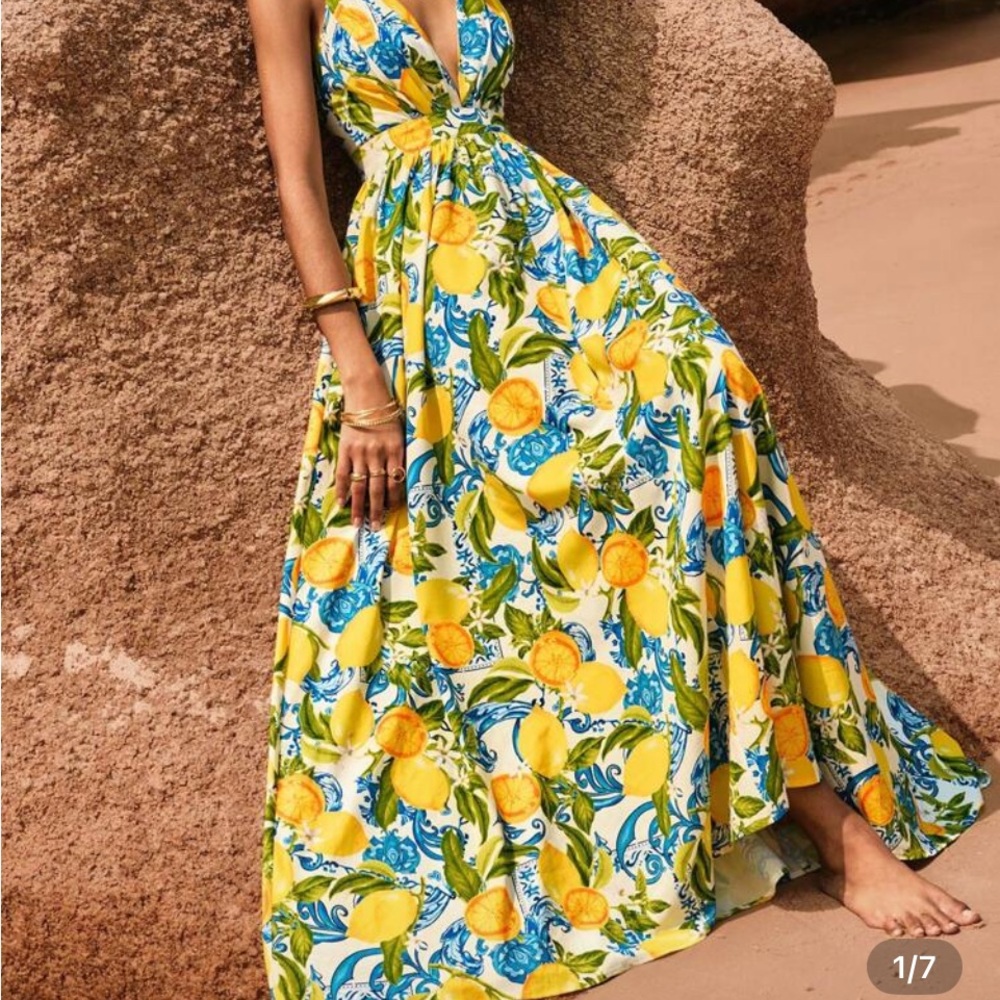 SHEIN Yellow and Blue Floral Maxi Dress
